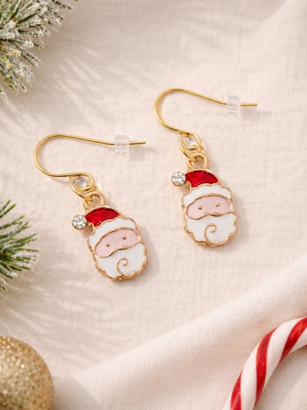 Santa Claus Enamel Dangle Earrings Rhinestone Gold Red Christmas Holiday